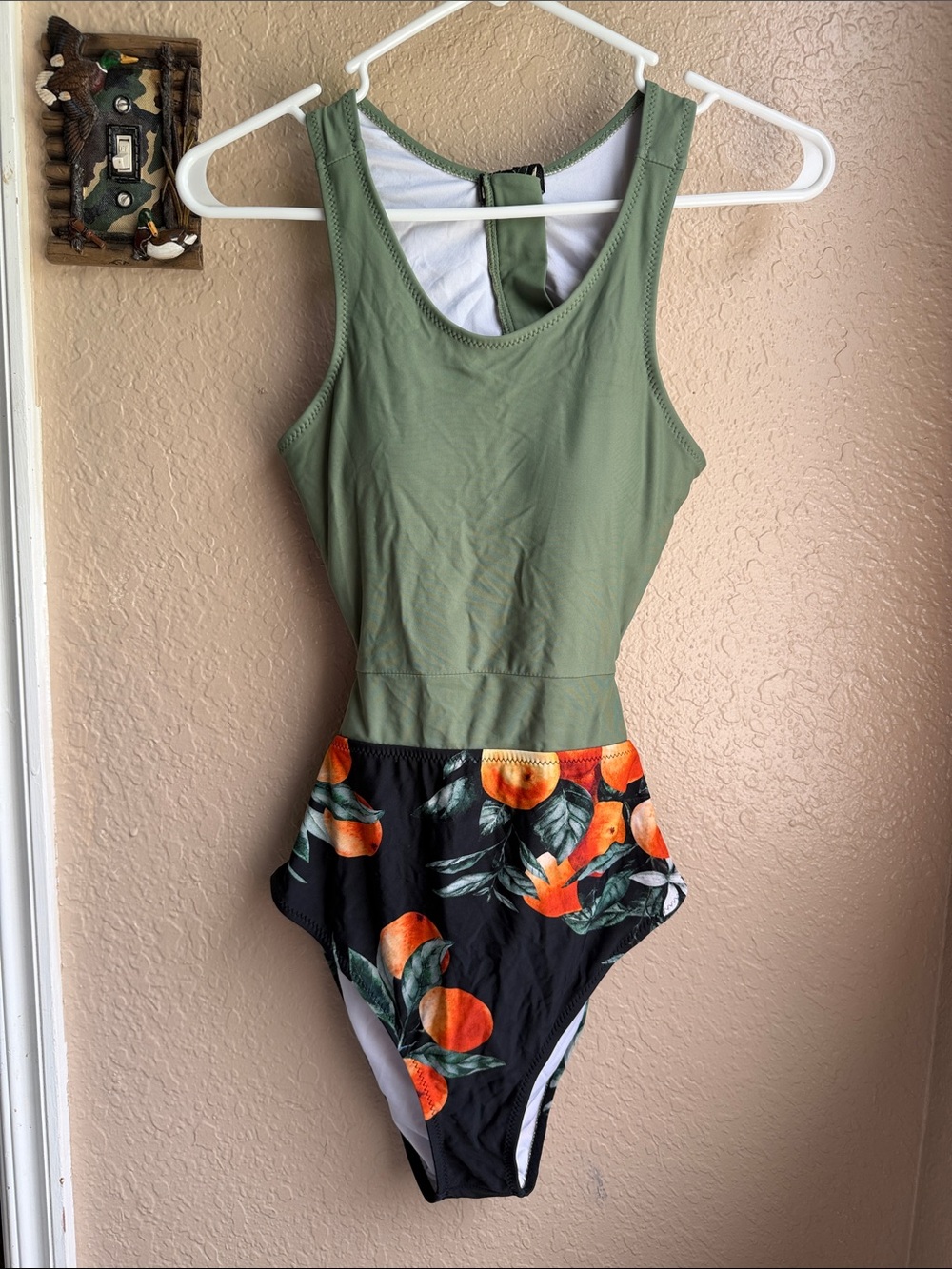 Cupshe Olive Green and Black One-Piece Swimsuit with Orange Fruit Print